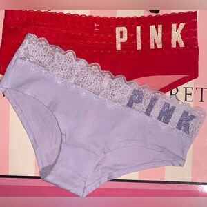 2 Victoria’s Secret Pink Panties bundle pink cotton panties lace hipster bling